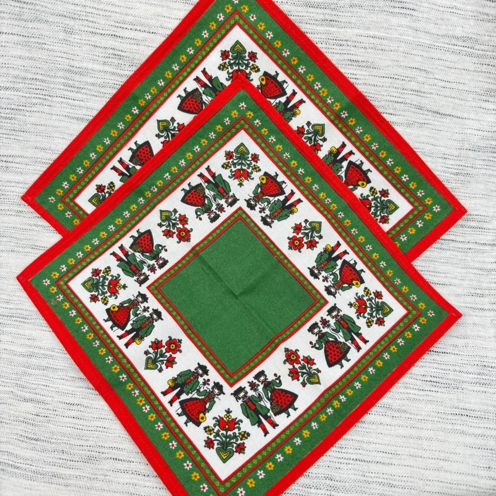 Vintage Folk Art Austrian Cotton Napkins Handkerchiefs Two Green Red Cottage